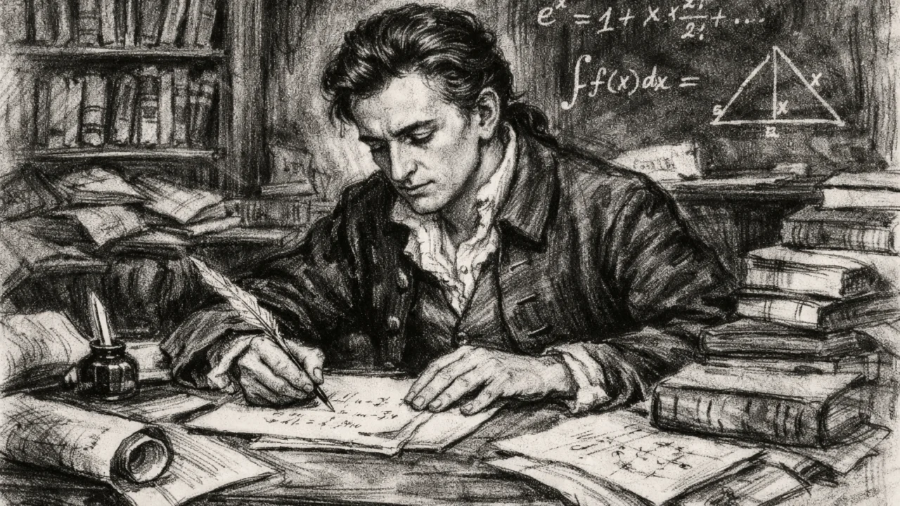 Gauss kao student na Sveučilištu u Göttingenu prikazan u ugalj stilu, crno-bijela ilustracija snažnih linija.