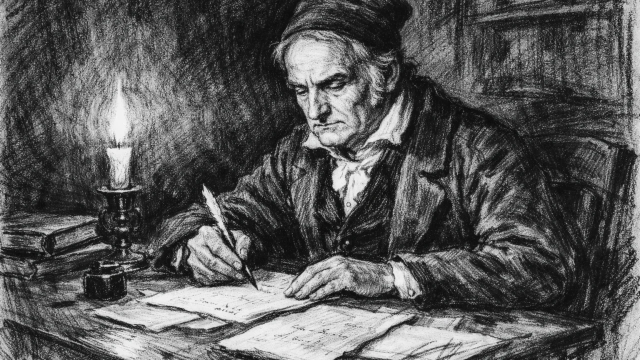 Carl Friedrich Gauss tijekom samostalnog znanstvenog rada prikazan u ugalj stilu, crno-bijela scena s jakim sjenama.