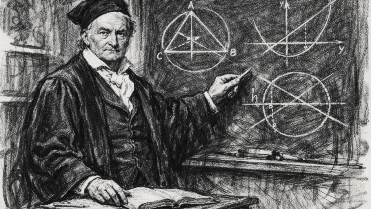 Gauss kao profesor i znanstvenik u ugalj stilu, crno-bijeli crtež s izražajnim potezima.