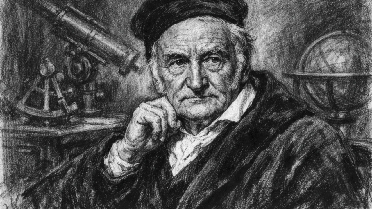 Stariji Carl Friedrich Gauss okružen znanstvenim instrumentima u ugalj stilu, crno-bijela ilustracija snažnog kontrasta.