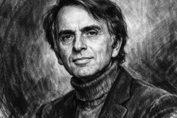 Portret Carla Sagana u ugalj stilu, crno-bijeli snažnog kontrasta, s naglašenim crtama lica znanstvenika.