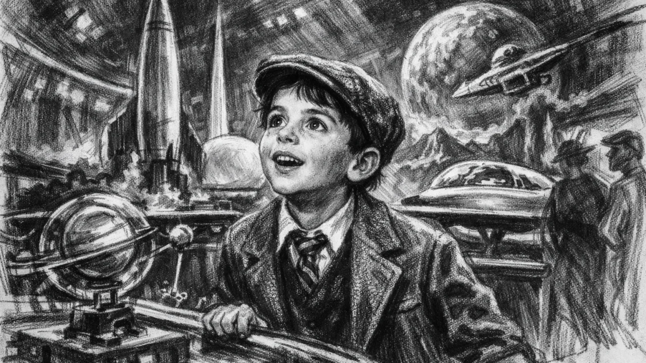 Mladi Carl Sagan na Svjetskoj izložbi 1939. godine prikazan u ugalj stilu, s izražajnim linijama i povijesnim detaljima.