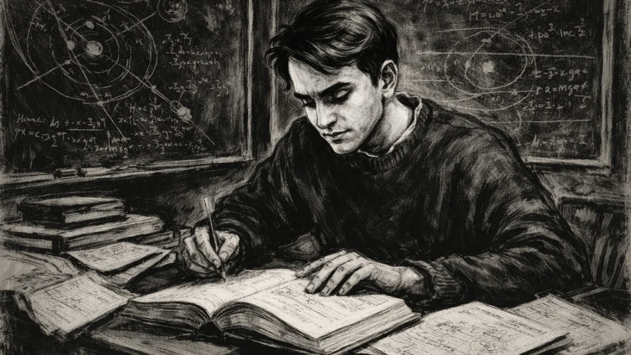 Carl Sagan kao student na Sveučilištu u Chicagu u ugalj stilu, crno-bijeli crtež s jakim kontrastom i znanstvenim motivima.