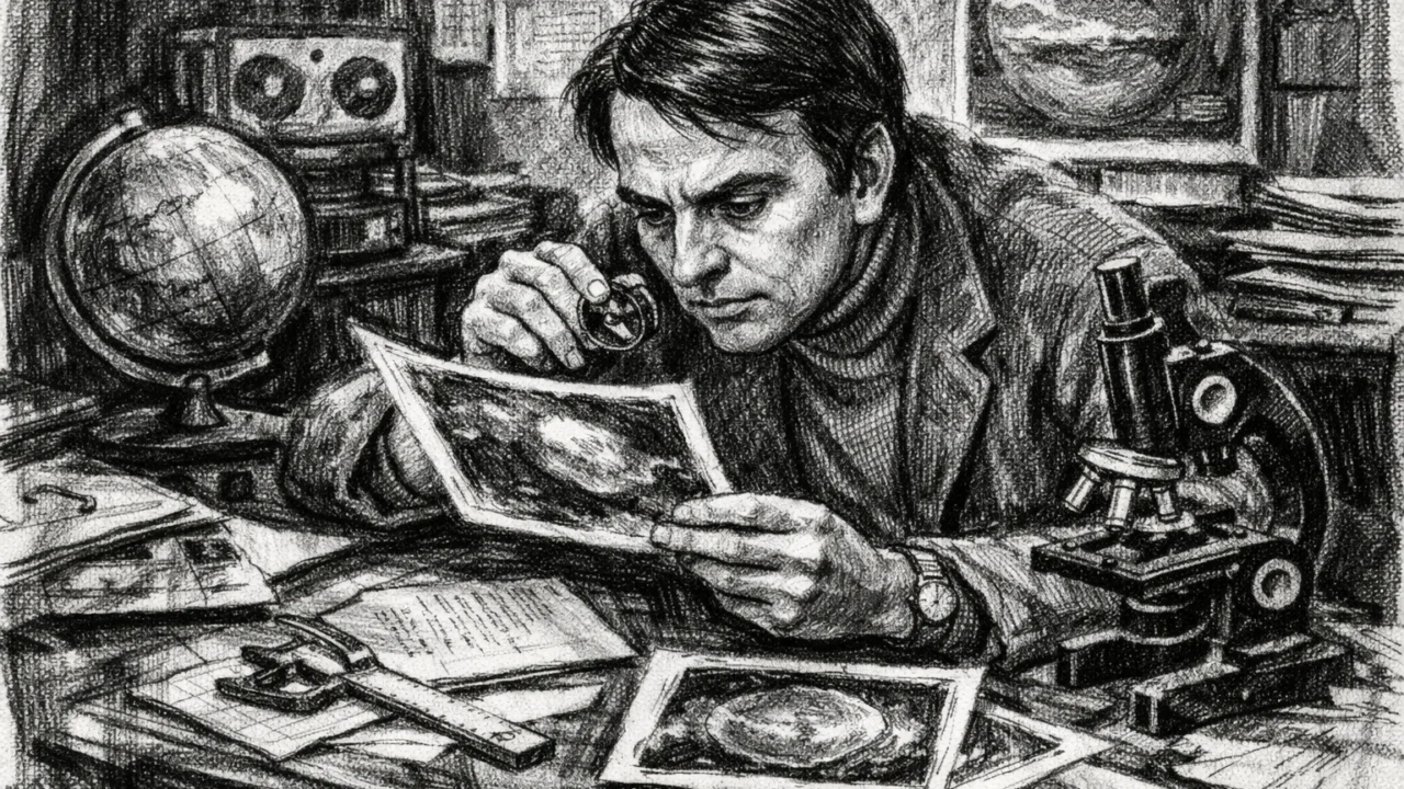 Carl Sagan tijekom istraživačkog rada na Berkeleyju prikazan u ugalj stilu, s naglašenom znanstvenom atmosferom.