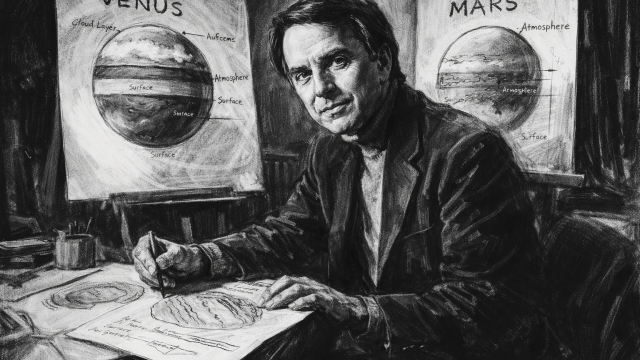 Carl Sagan dok proučava atmosferu Venere i Marsa, ilustriran u ugalj stilu s izraženim kontrastima.