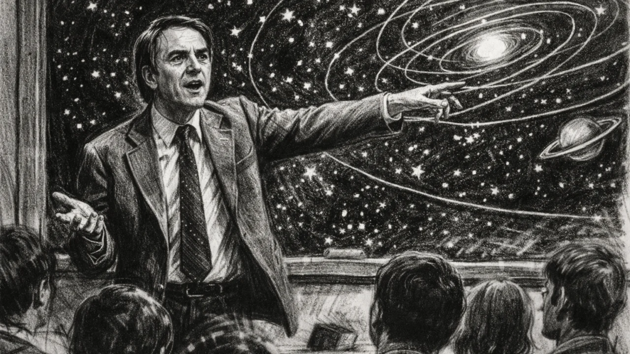 Profesor Carl Sagan na Cornell sveučilištu u ugalj stilu, dinamična crno-bijela scena predavanja o svemiru.