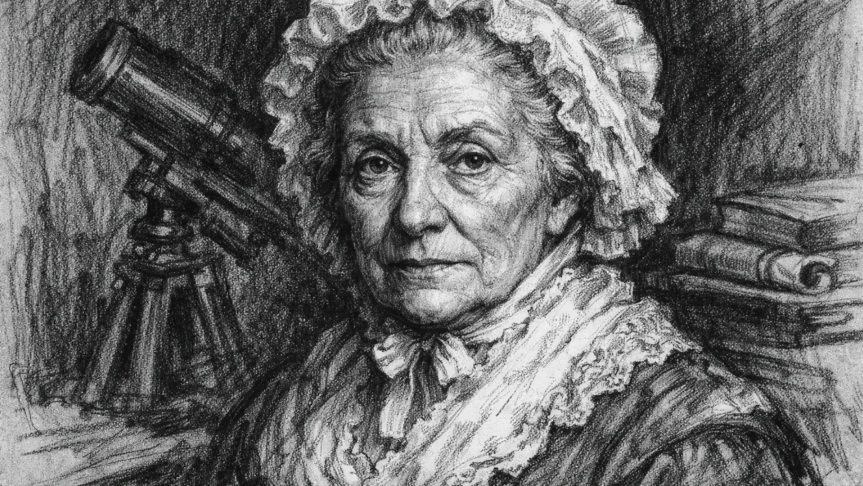Portret Caroline Herschel u ugalj stil crtežu, realistični prikaz znanstvenice snažnog izraza u crno-bijeloj tehnici.