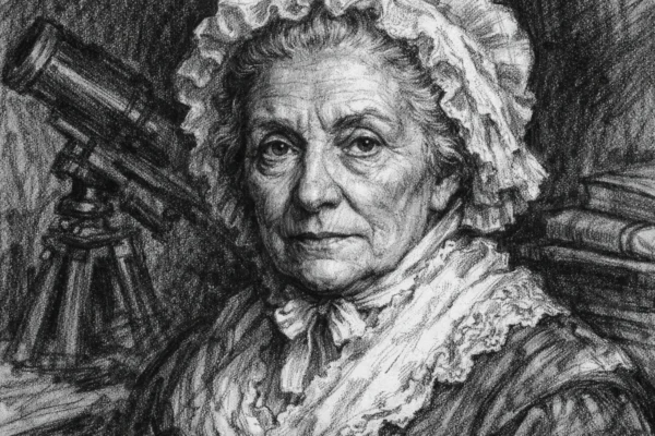 Portret Caroline Herschel u ugalj stil crtežu, realistični prikaz znanstvenice snažnog izraza u crno-bijeloj tehnici.