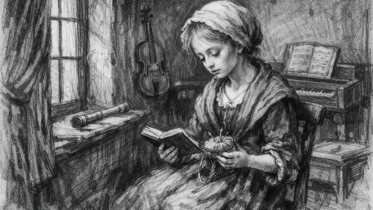 Prikaz mladosti Caroline Herschel u skromnom domu, scene iz djetinjstva izvedene u ugalj stil crtežu.