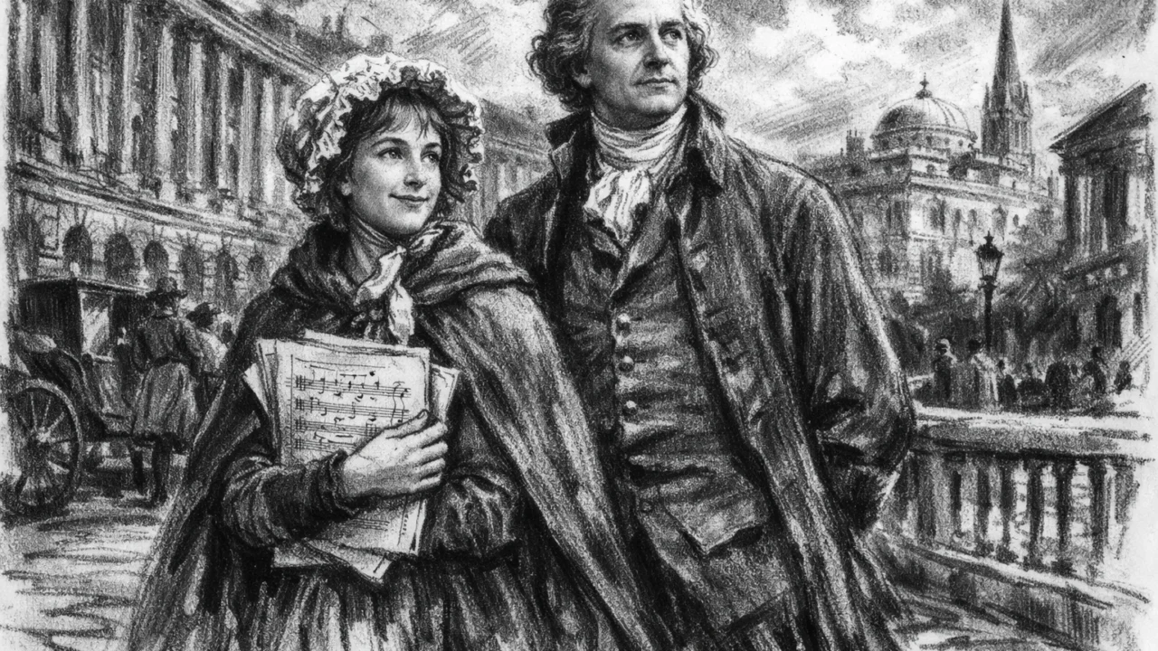 Dolazak Caroline Herschel u Englesku s bratom Williamom, povijesna scena u ugalj stil crtežu.