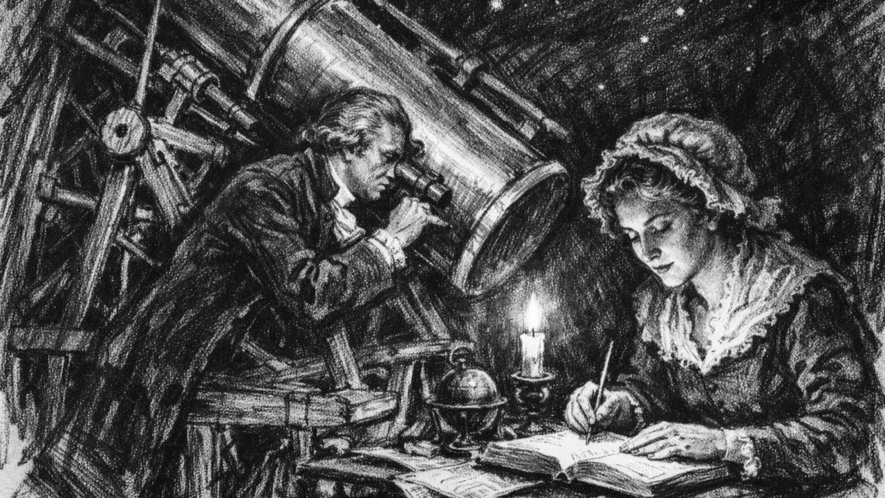 Caroline Herschel tijekom noćnih astronomskih promatranja uz teleskop, ugalj stil s naglašenim kontrastom.