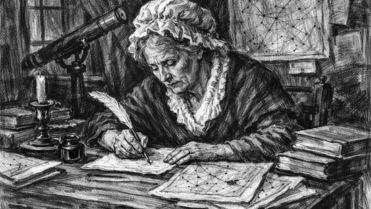 Caroline Herschel dok izrađuje zvjezdane kataloge, znanstveni rad prikazan u ugalj stil crtežu.