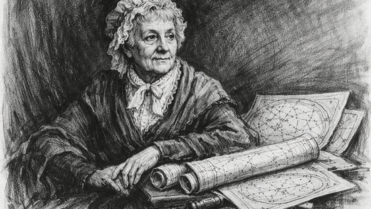 Starija Caroline Herschel u mirnoj refleksiji, njezino znanstveno naslijeđe prikazano u ugalj stil tehnici.