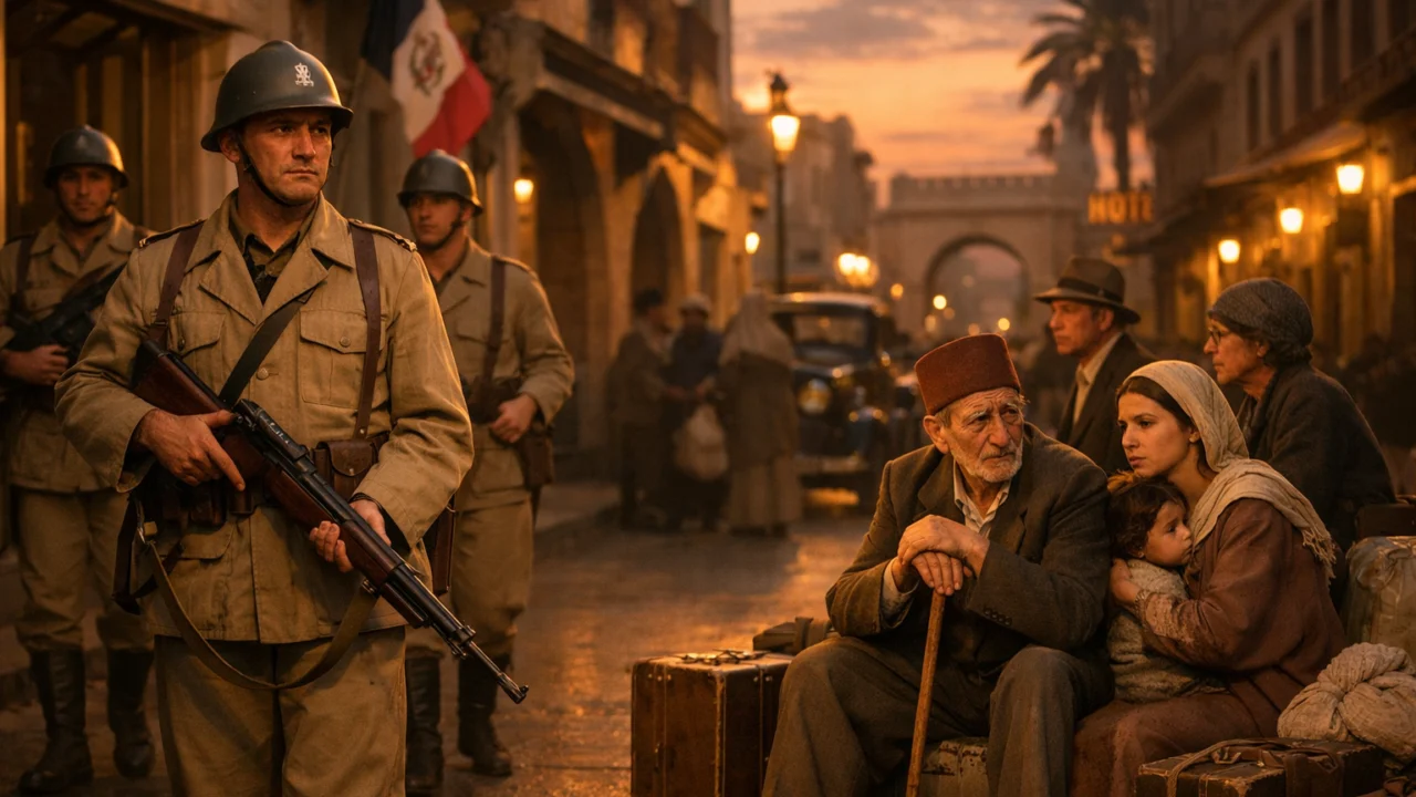 Ulična scena ratne Casablance pod Višijevskom Francuskom, politička napetost i izbjeglice