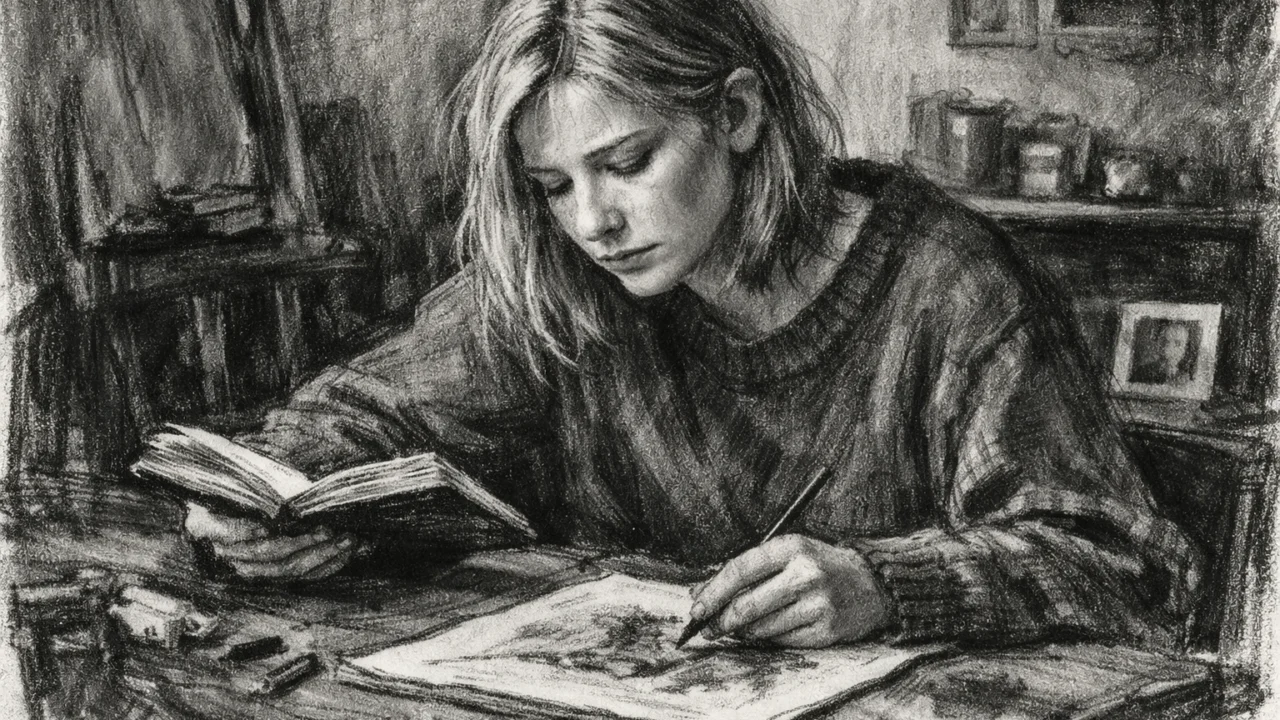 Mladu Cate Blanchett u adolescenciji u Melbourneu, prikazanu u ugalj stilu s emotivnom atmosferom