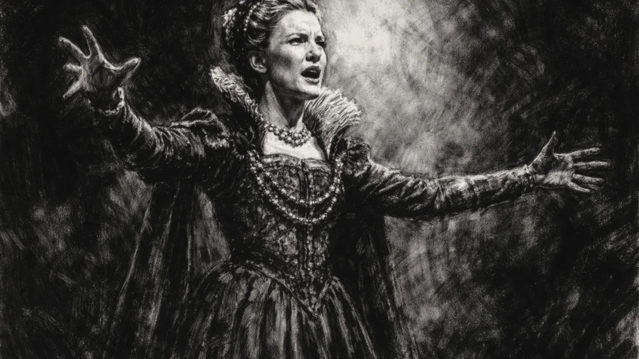 Kazališna izvedba Cate Blanchett prikazana u ugalj stilu s dramatičnim kontrastom