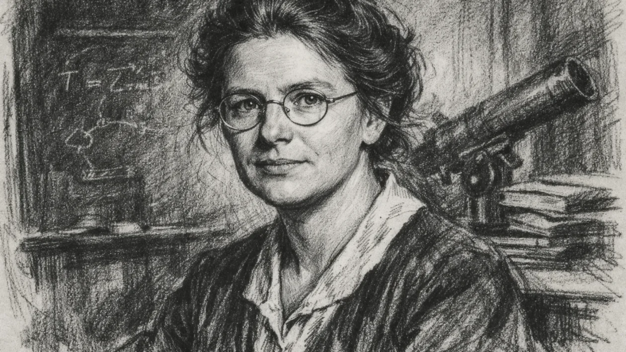 Portret Cecilie Payne-Gaposchkin u ugalj stilu, crno-bijeli prikaz znanstvenice snažnog izraza lica