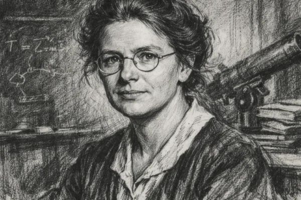 Portret Cecilie Payne-Gaposchkin u ugalj stilu, crno-bijeli prikaz znanstvenice snažnog izraza lica