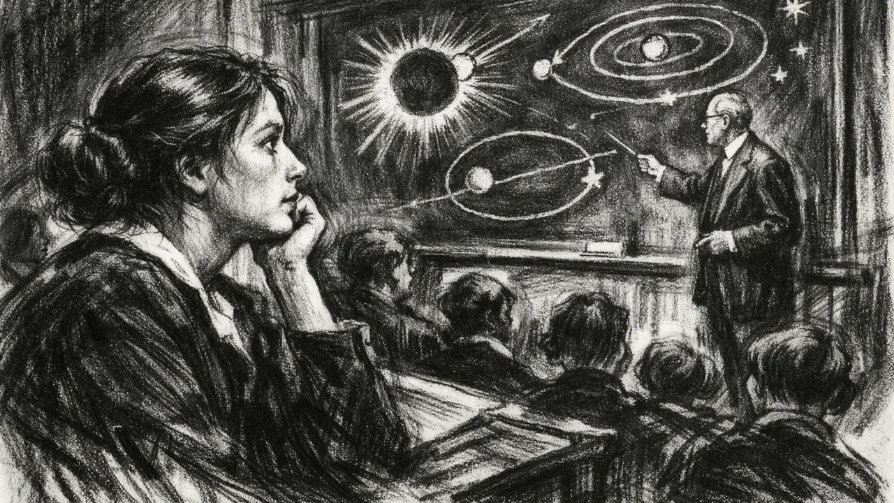 Presudan trenutak inspiracije na predavanju Arthura Eddingtona prikazan u ugalj stilu