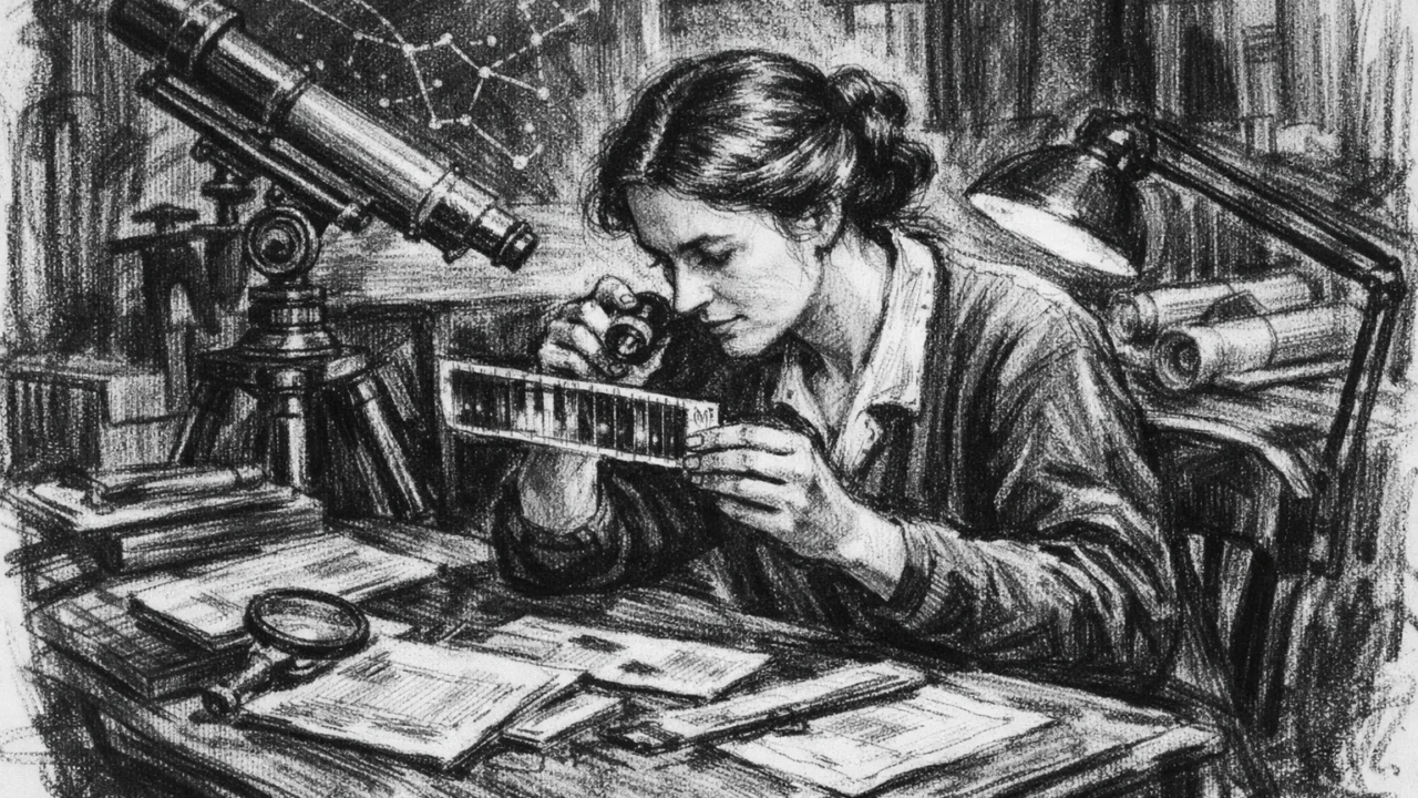Znanstveni rad Cecilije Payne u Harvard Observatoryju prikazan u ugalj stilu