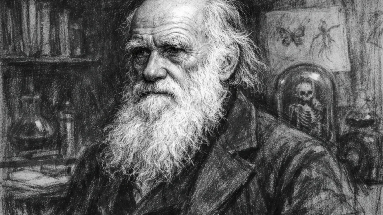 Portret Charlesa Darwina u ugalj stilu, crno-bijeli portret znanstvenika s izražajnim linijama i snažnim kontrastom