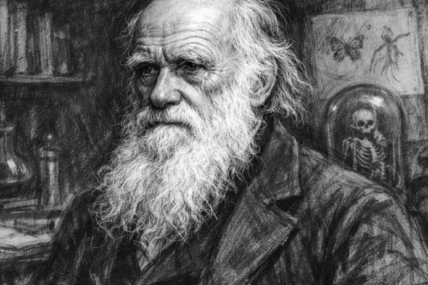 Portret Charlesa Darwina u ugalj stilu, crno-bijeli portret znanstvenika s izražajnim linijama i snažnim kontrastom