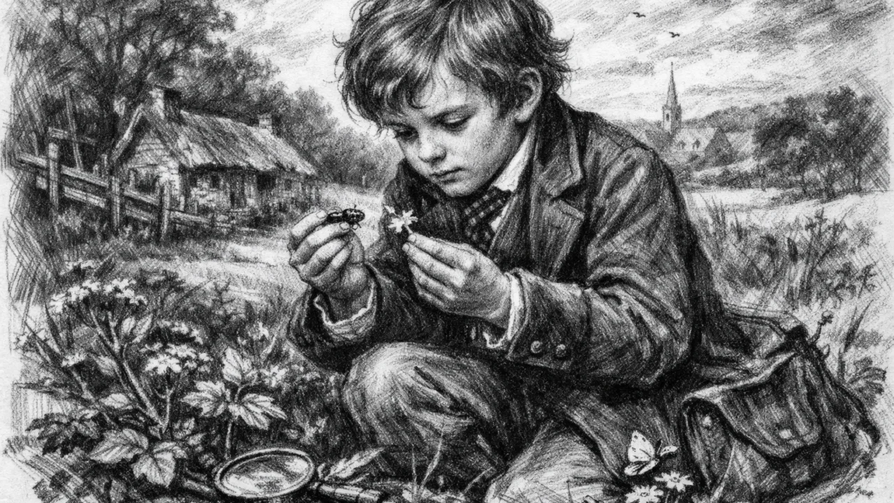 Mladi Charles Darwin u djetinjstvu kako proučava prirodu, prikazan u ugalj stilu s jakim kontrastom