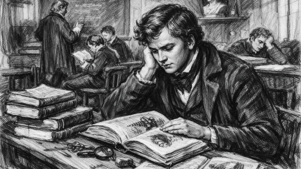 Charles Darwin kao učenik u školi Shrewsbury, crtež u ugalj stilu s izraženim linijama i atmosferom