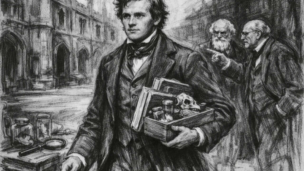 Charles Darwin tijekom studija na Cambridgeu, prikazan u ugalj stilu s naglašenim kontrastom i detaljima