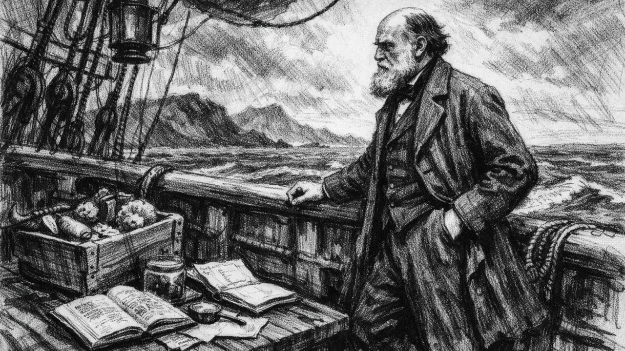 Charles Darwin na brodu HMS Beagle tijekom ekspedicije, ilustracija u ugalj stilu s dramatičnim kontrastom