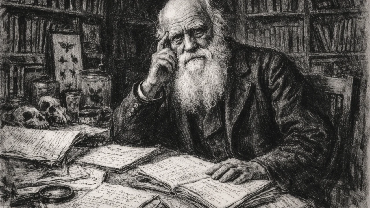 Stariji Charles Darwin u svom radnom prostoru, scenografija u ugalj stilu s izraženom znanstvenom atmosferom