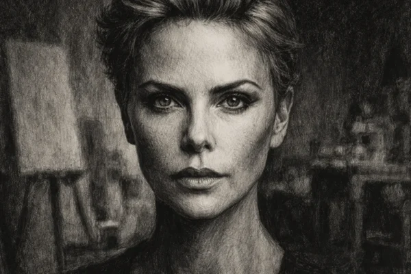 Portret Charlize Theron u ugalj stilu, crno-bijeli portret s izraženim kontrastom i snažnim linijama.