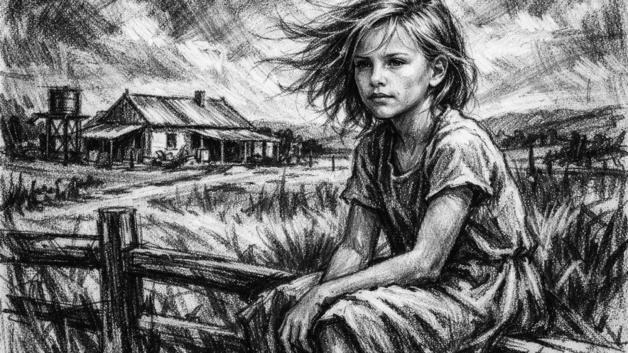 Prikaz djetinjstva Charlize Theron na farmi u Južnoj Africi u ugalj stilu, emotivna crno-bijela scena.
