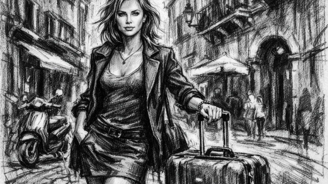 Charlize Theron na početku međunarodne karijere modela, scena putovanja prikazana u ugalj stilu.