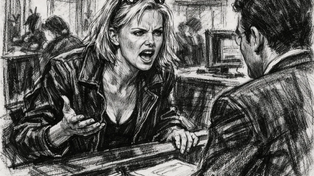 Dolazak Charlize Theron u Los Angeles i presudni trenutak otkrića, ilustrirano u ugalj stilu.