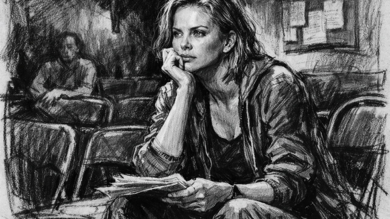 Počeci glumačke karijere Charlize Theron na audicijama, crno-bijeli prikaz u ugalj stilu.