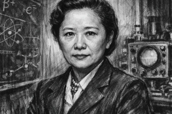 Portret Chien-Shiung Wu u ugljenom stilu, crno-bijeli portret znanstvenice s izraženim linijama i visokim kontrastom