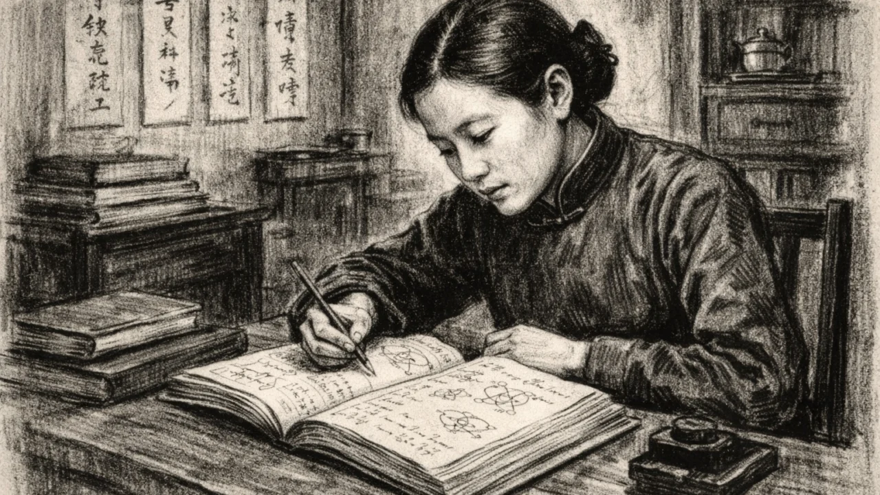 Chien-Shiung Wu kao mlada studentica u Kini, scena ranog obrazovanja u ugljenom stilu