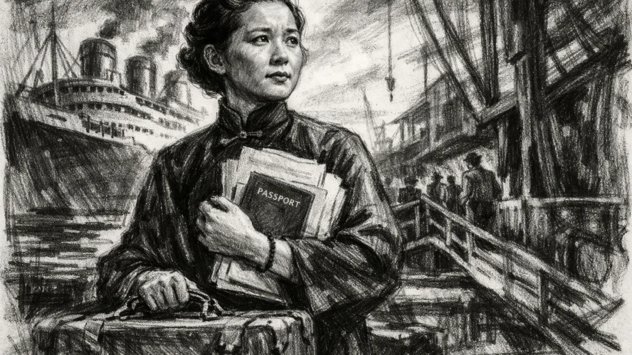 Chien-Shiung Wu tijekom odlaska u SAD, emotivna scena putovanja prikazana u ugljenom stilu
