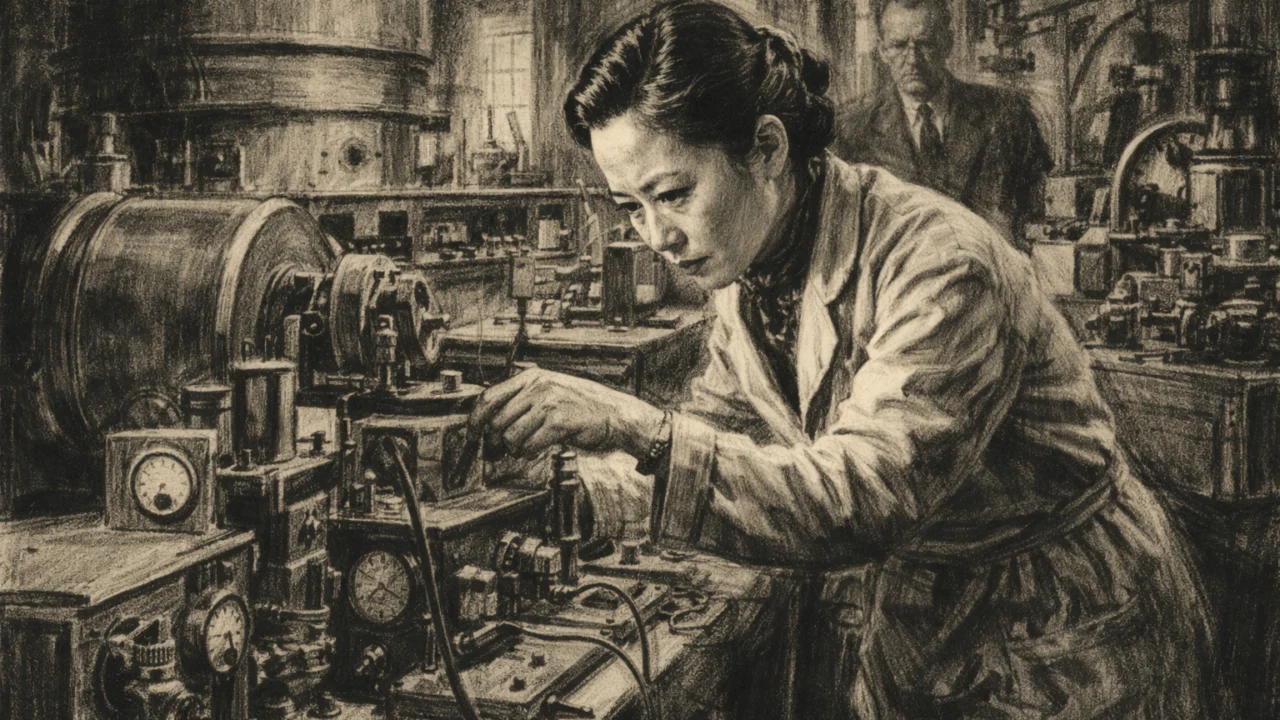 Chien-Shiung Wu u laboratoriju na Berkeleyju, znanstvena scena u ugljenom stilu