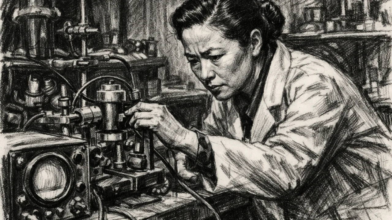 Chien-Shiung Wu tijekom rada na projektu Manhattan, laboratorijska scena u ugljenom stilu