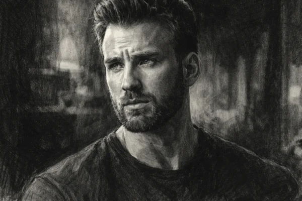 Portret Chrisa Evansa u ugljenom (ugalj stil) crtežu, crno-bijeli portret s visokim kontrastom i izražajnim linijama