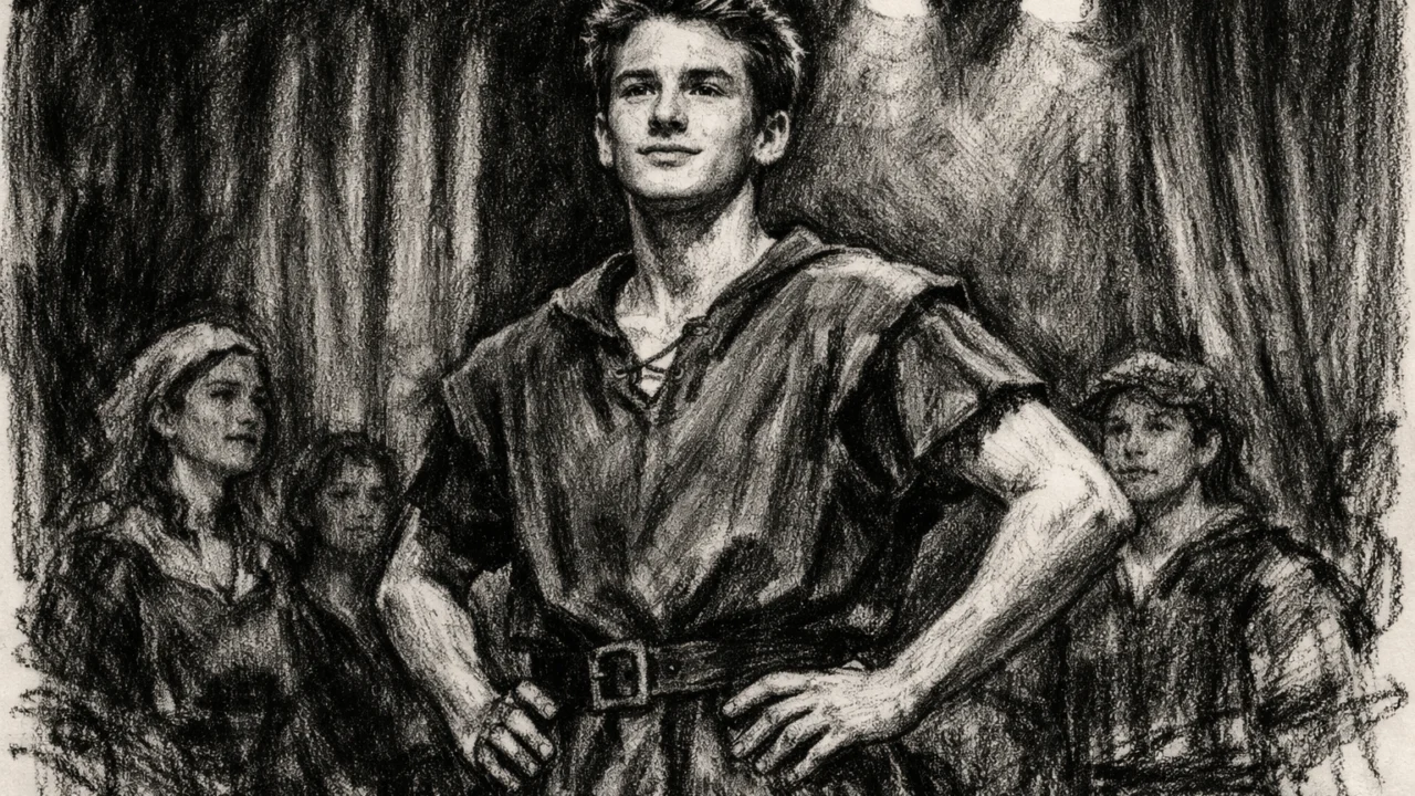 Mladi Chris Evans na školskoj kazališnoj pozornici prikazan u ugljenom (ugalj stil) crtežu, crno-bijela scena s jakim kontrastom