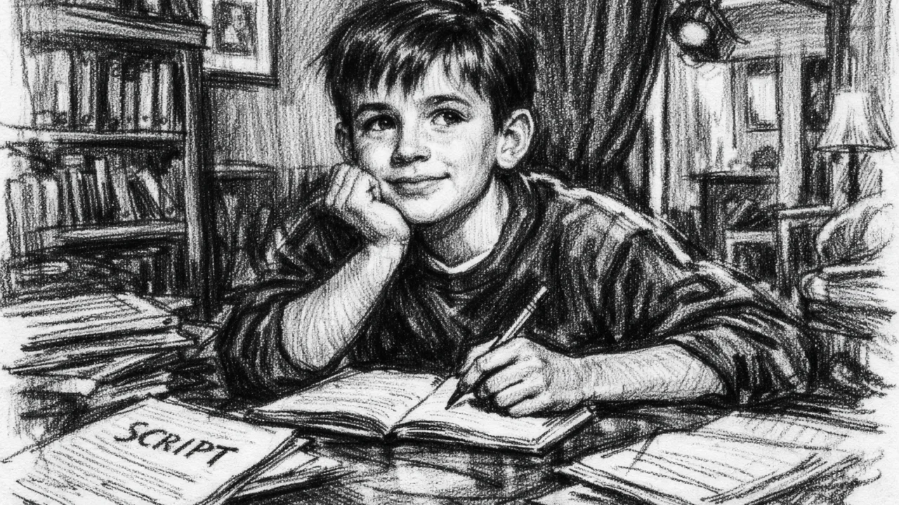 Djetinjstvo Chrisa Evansa u obiteljskom okruženju, prikazano u ugljenom (ugalj stil) crtežu s izražajnim linijama