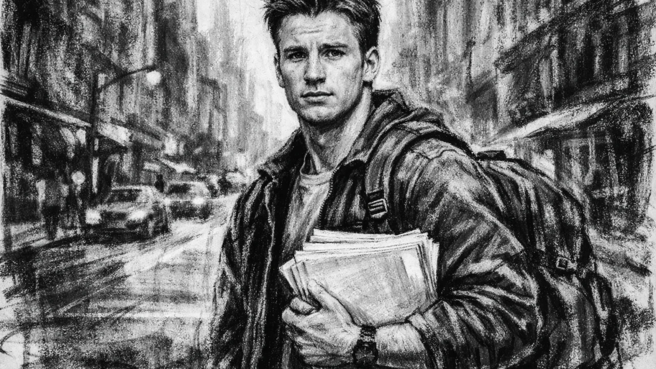 Chris Evans na početku karijere u New Yorku, prikazan u ugljenom (ugalj stil) crtežu, crno-bijeli kontrastni prikaz