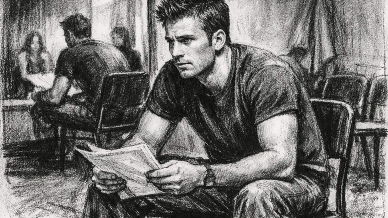 Chris Evans na satu glume u ranoj karijeri, nacrtan u ugljenom (ugalj stil) crtežu s visokim kontrastom