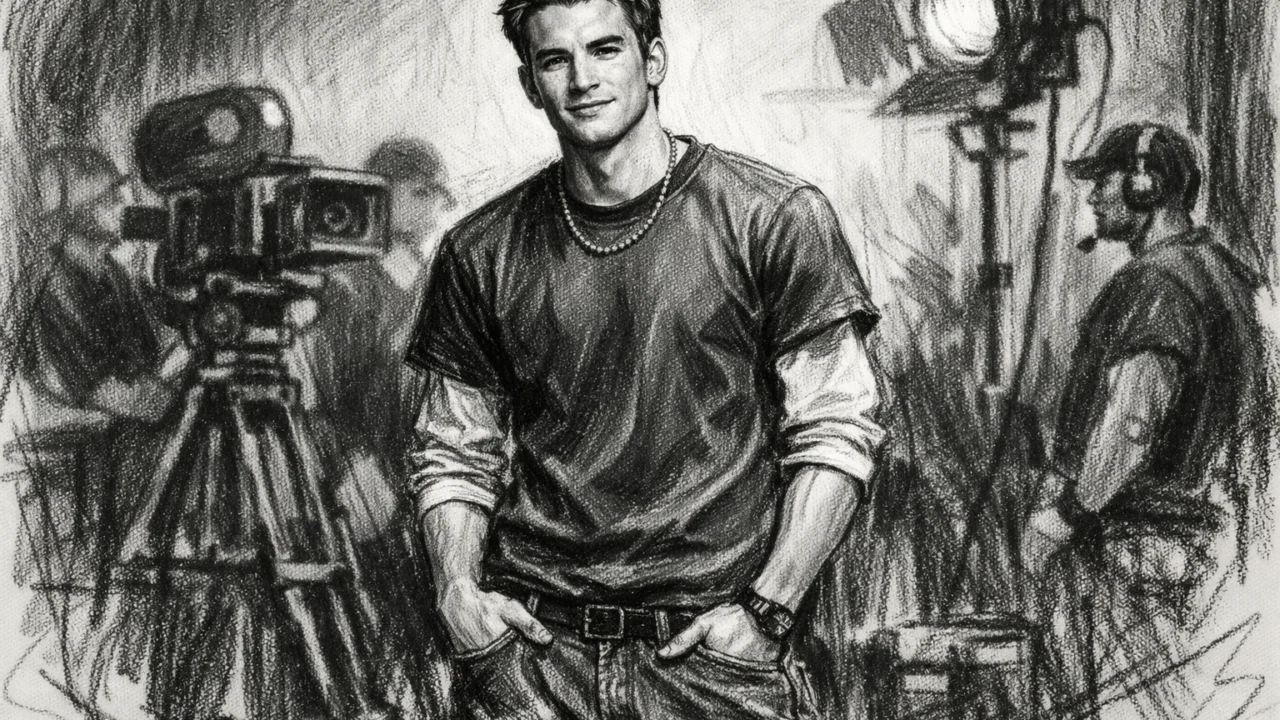 Chris Evans na snimanju ranih filmskih uloga, predstavljen u ugljenom (ugalj stil) crtežu, crno-bijeli umjetnički prikaz