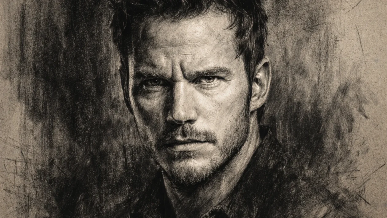 Portret Chrisa Pratta u uglaj stil crteža, crno-bijeli prikaz s izraženim kontrastom i detaljima lica.