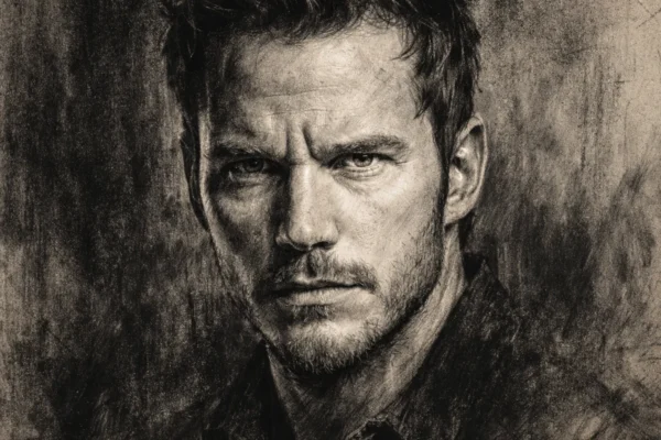 Portret Chrisa Pratta u uglaj stil crteža, crno-bijeli prikaz s izraženim kontrastom i detaljima lica.