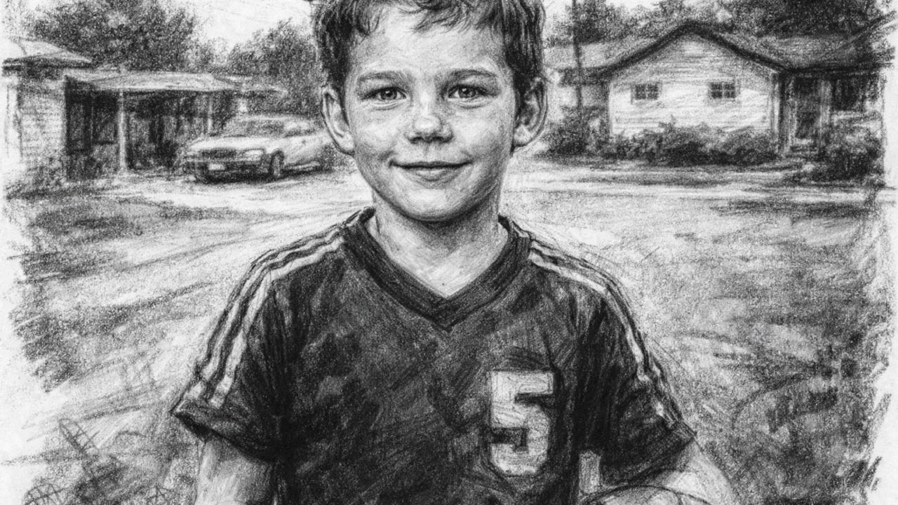 Prikaz mladog Chrisa Pratta tijekom odrastanja u uglaj stil tehnici, crno-bijeli crtež s izražajnim linijama.